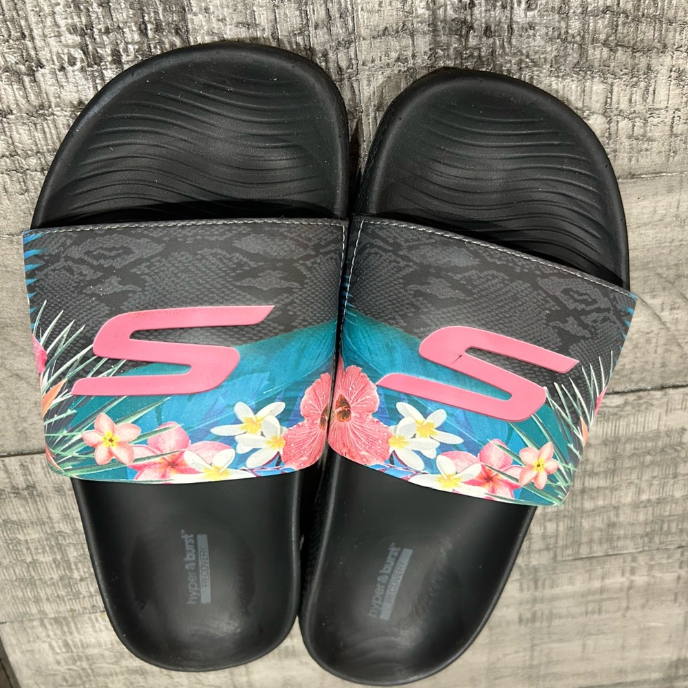 Skechers Black and Pink Floral Slide Sandals